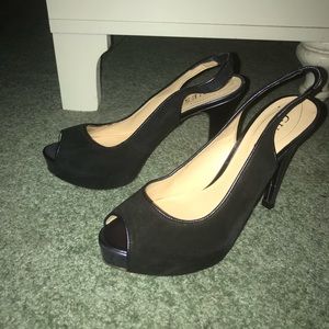 High heel open toe blue & black sandal from Guess